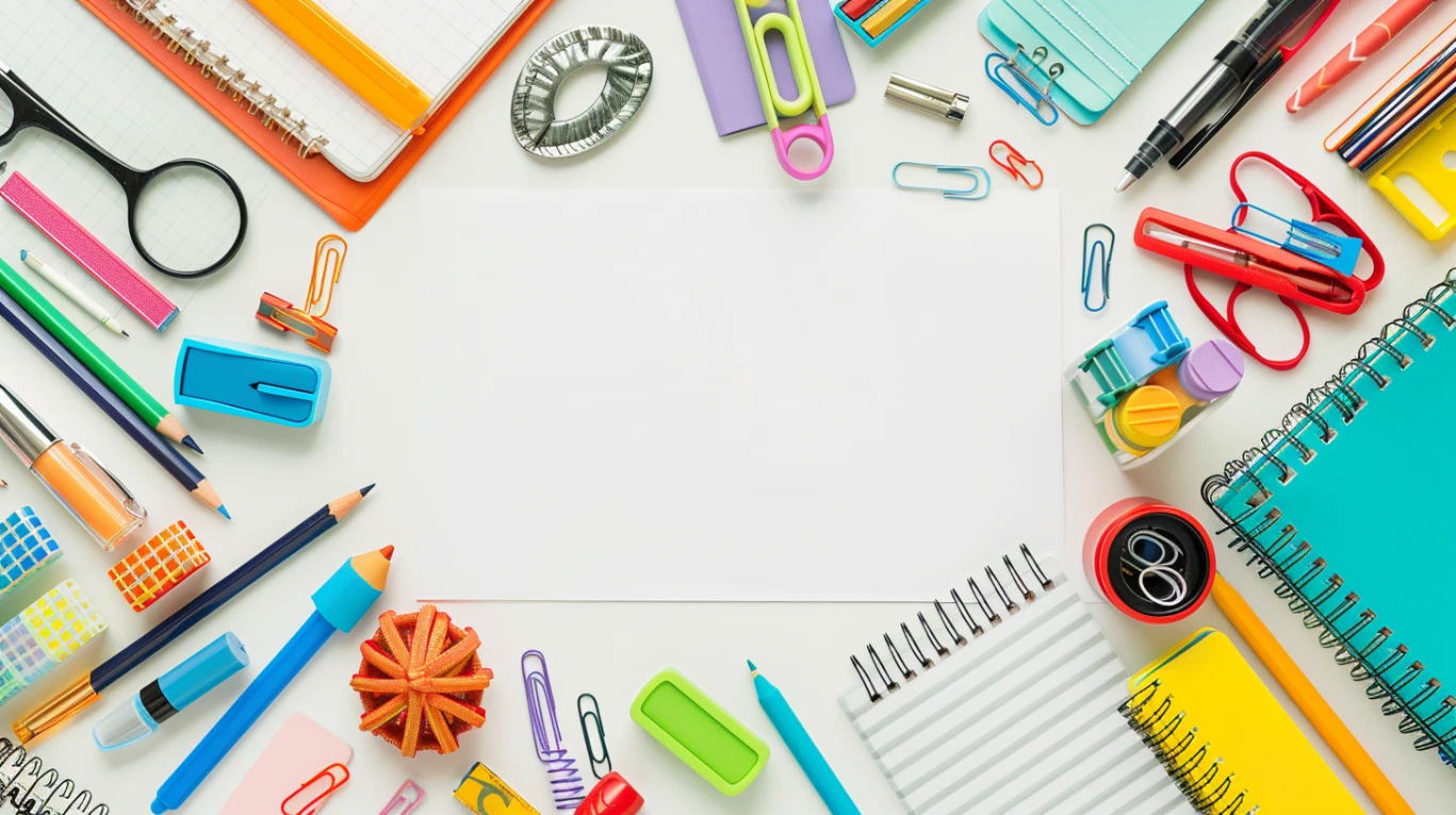 Razni školski i kancelarijski pribor poput olovaka, svezaka i spajalica raspoređeni oko praznog lista papira, slika za kompijuter