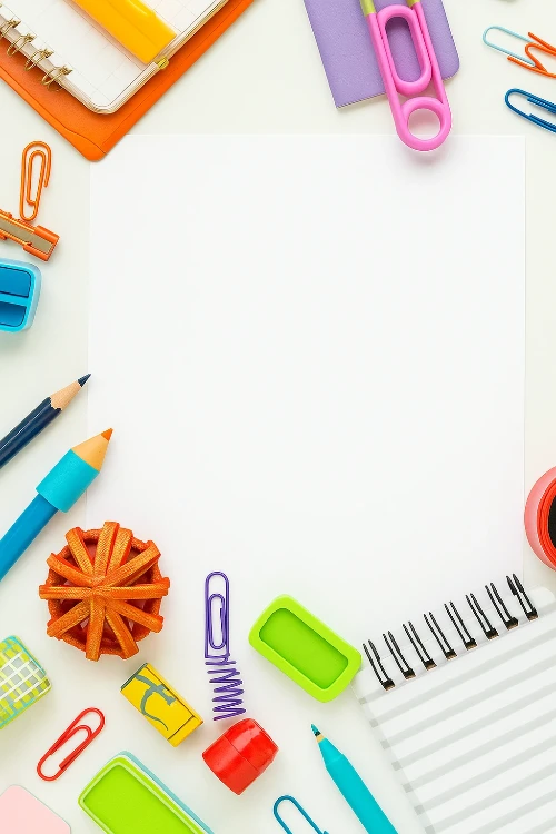 Razni školski i kancelarijski pribor poput olovaka, svezaka i spajalica raspoređeni oko praznog lista papira, slika za telefon