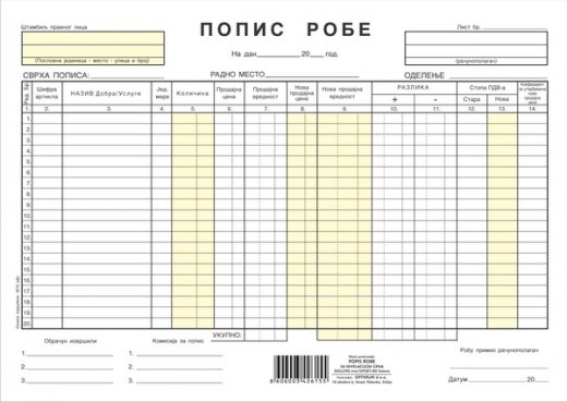 Popis robe sa nivelacijom A4 NCR